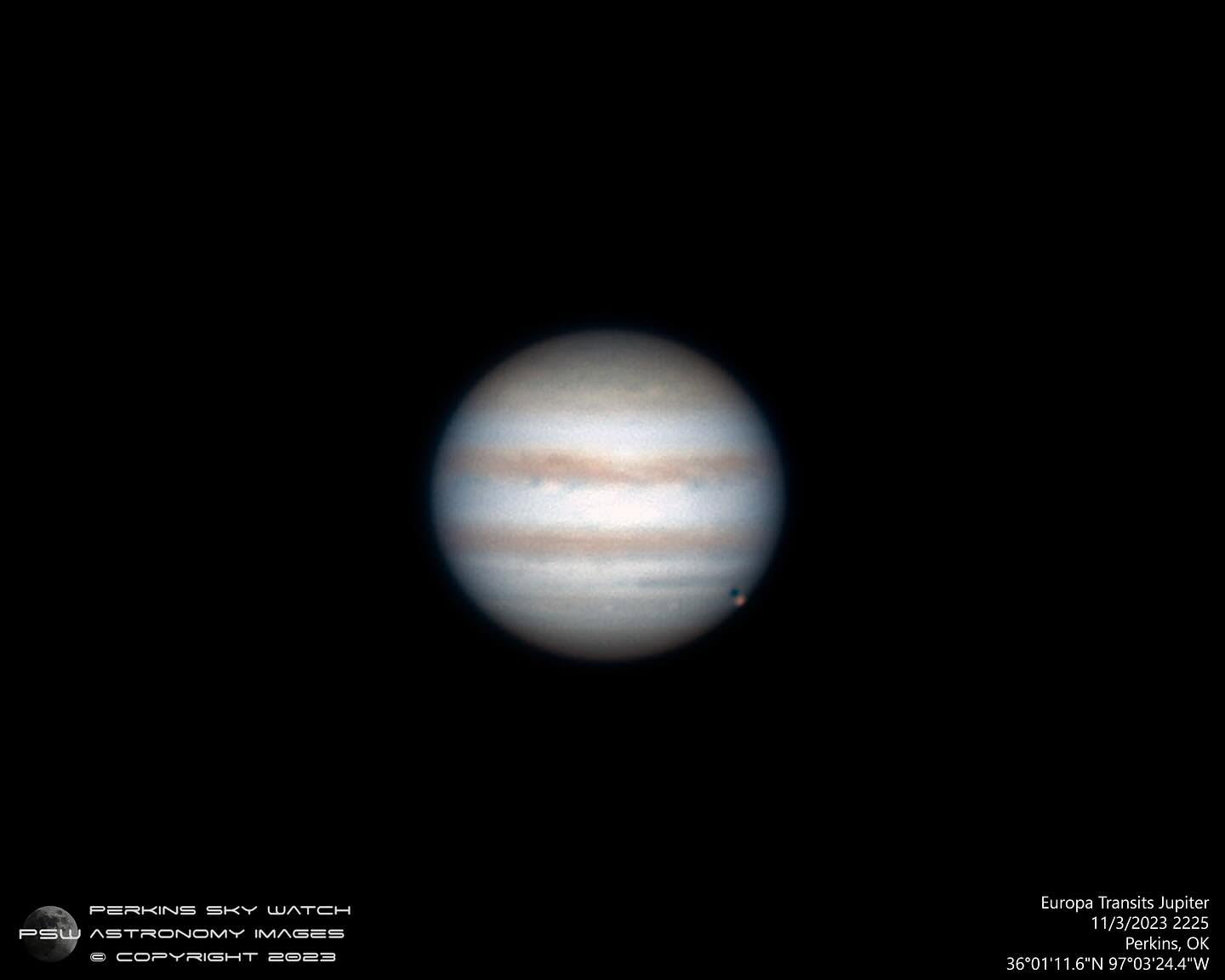 Jupiter with Europa and its transit shadow photographed by Jeremiah Smith