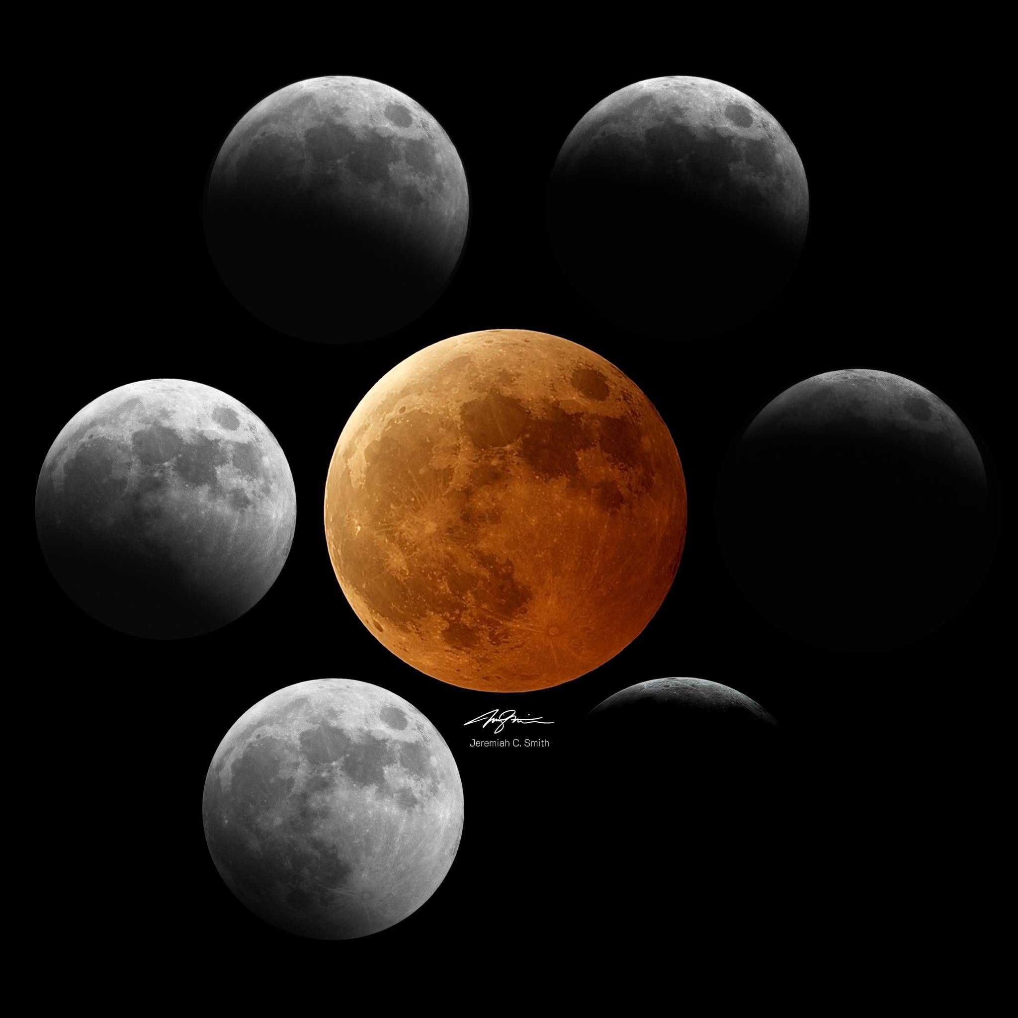 Finished composite of the March 13–14, 2025 lunar eclipse photographed by Jeremiah Smith